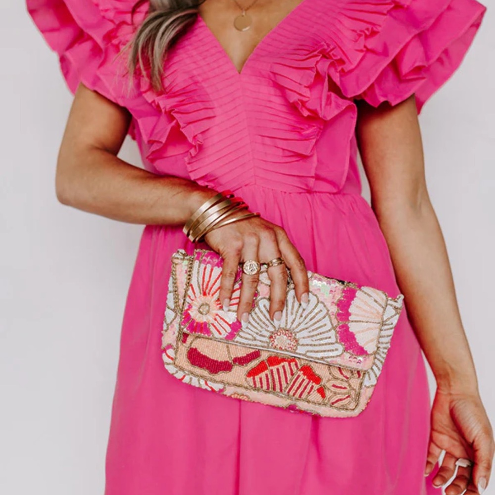 Pink Ruffled V-Neck Women's Dress - Picture 2 of 3
